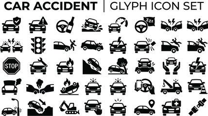 Car Accident and Road Safety Glyph Icon Set Featuring Vehicle Crashes, Emergency Services, Traffic Violations, Insurance Claims, and Automotive Repair Symbols for Professional Design Projects. © Nayan