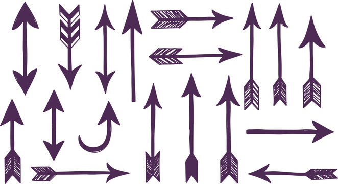 Hand drawn purple arrow icons with decorative feather fletching for vintage design.