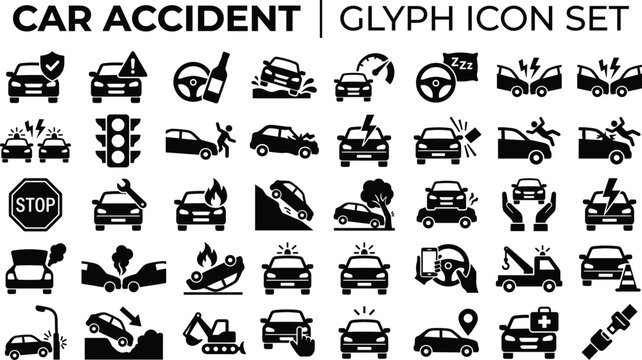 Car Accident and Road Safety Glyph Icon Set Featuring Vehicle Crashes, Emergency Services, Traffic Violations, Insurance Claims, and Automotive Repair Symbols for Professional Design Projects.