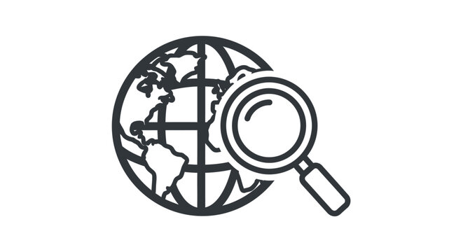 Magnifying glass on a globe icon.