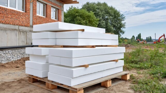 White foam insulation material stacked on wooden pallet at construction site