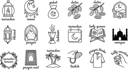 Comprehensive set of Ramadan line icons featuring lanterns, crescent moon, prayer mat, dates, mosque, and holy quran isolated on white for islamic holiday greeting designs. © Nayan