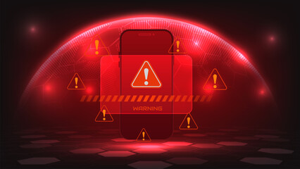 Concept of smartphone security or hacking. Futuristic 3d digital world map and mobile with red warning signs. Phishing cybercrime and scammer warning. Cyber attacks. Vector illustration. © S and V Design