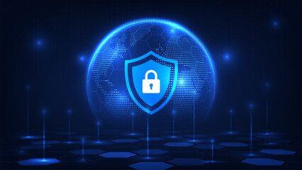 Concept of internet privacy and cyber protection. 3D digital world map inside a glowing sphere with shield and lock icons. Cyber attacks and protect against viruses. Network and data safety. Vector. © S and V Design