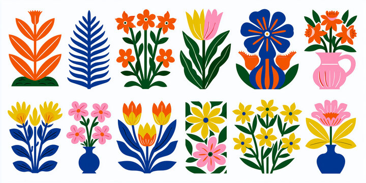 A comprehensive collection of vibrant and stylized modern floral illustrations featuring abstract flowers, leaves, and bouquets in vases with a flat design aesthetic and bold colorful shapes.