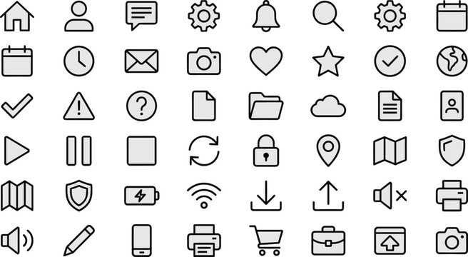 Collection of Essential Minimalist Outline User Interface Icons for Website and Mobile App Development Featuring Navigation Communication Multimedia Settings and Security Elements Isolated on White.