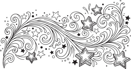 Fototapeta premium Whimsical Hand-Drawn Celestial Flourish with Sparkling Stars and Ornate Swirls, Perfect for Festive Decorations and Creative Designs
