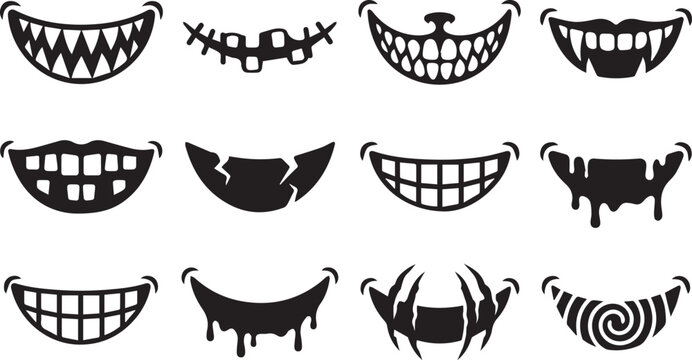 Halloween Monster Mouth Silhouette Set Spooky Teeth Icons