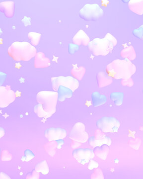 3D rendered pastel hearts and clouds background.