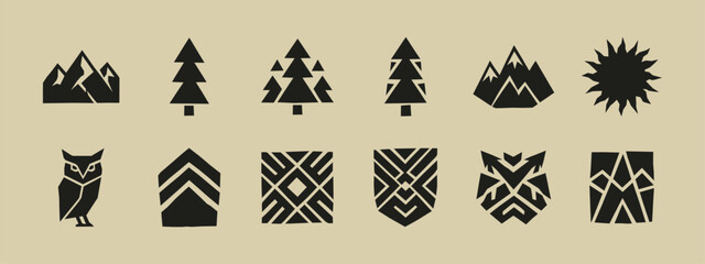 Fototapeta premium Geometric outdoor nature icon set featuring minimalist mountain peaks pine trees owl and sun symbols