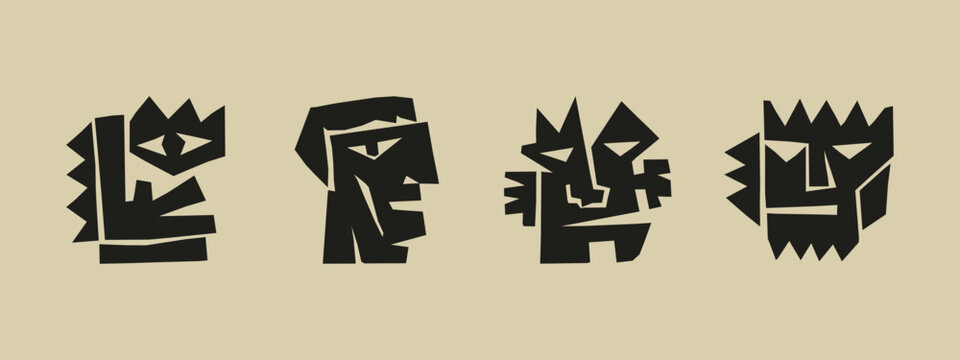 Abstract tribal mask silhouettes with geometric shapes and sharp angles on beige background