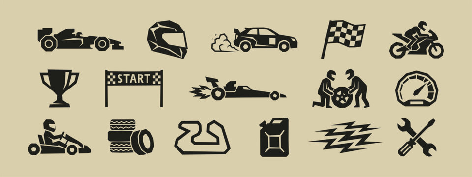 Racing icon set featuring formula car rally car motorcycle trophy checkered flag and tools