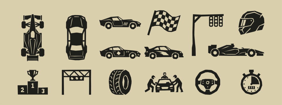 Car racing silhouette icons including formula cars checkered flag winners podium and helmet