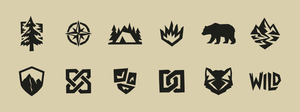 Set of minimalist outdoor adventure logos including mountain forest bear campfire and compass icons