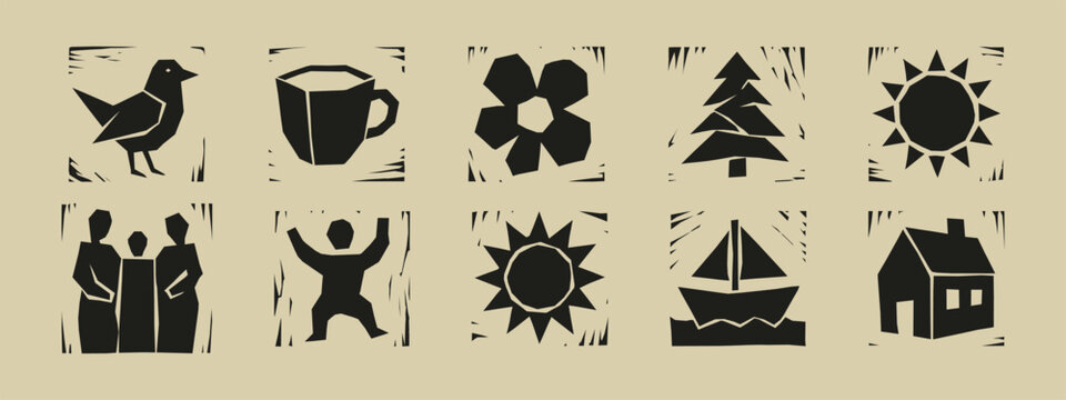 Black linocut style icons including bird sun tree house and family on tan background