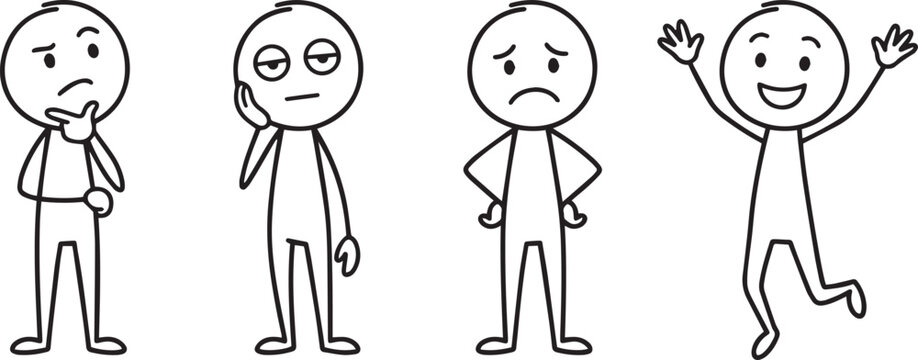 Collection of expressive stick figure icons illustrating a spectrum of human emotions including thinking, weariness, sorrow, and exuberance, in simple line art