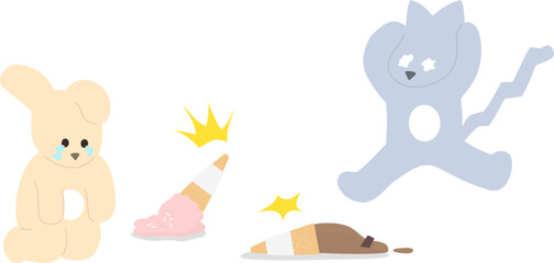 Fototapeta premium Oops! Melting Ice Cream Accident Concept with Adorable Sad Rabbit and Cat, Pastel Summer Dessert Icon Bundle