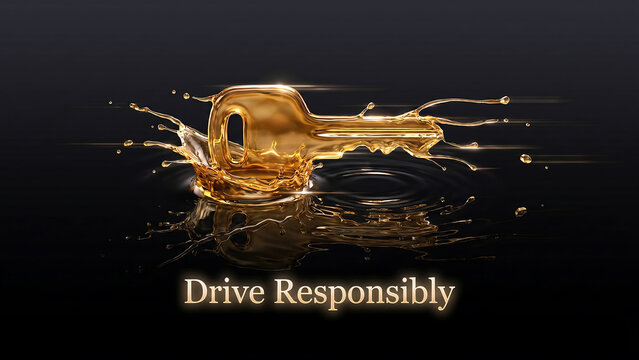 Golden key splashes in water with Drive Responsibly message on dark background
