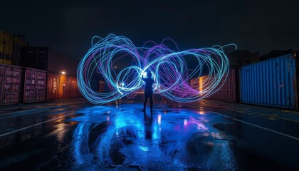 Obraz premium Long Exposure Light Painting of Neon Graffiti in Urban Night City Setting