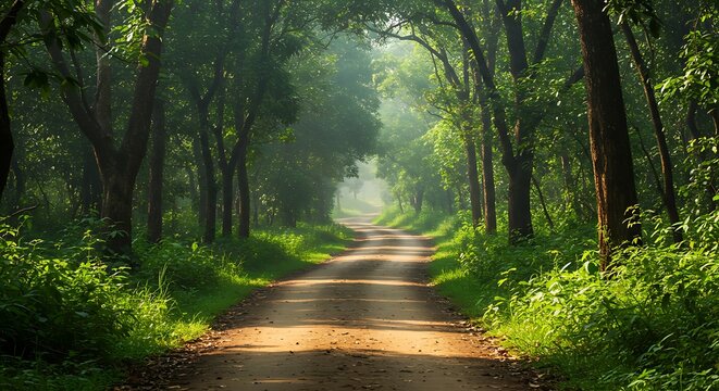 Winding dirt road through a lush green forest with sunlight filtering through the trees
