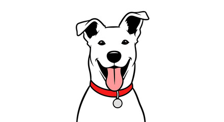 White dog with black ears and red collar, cartoon style, isolated