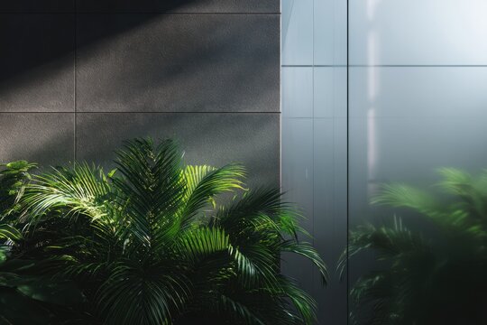 現代のガラスや石の壁の横には緑の植物が生えています