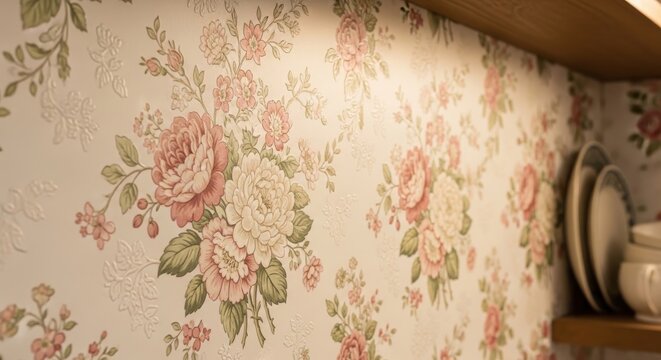 Close-up of a classic chintz floral pattern wallpaper with vintage roses and foliage