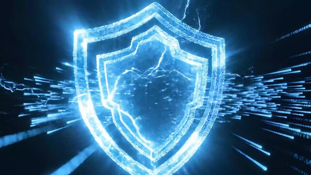 Glowing blue shields with lightning and data streams on dark background cybersecurity concept