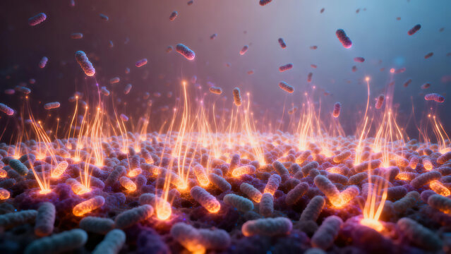 The process of bacterial quorum sensing. In the image, dense bacterial colonies release and receive luminescent chemical signals.