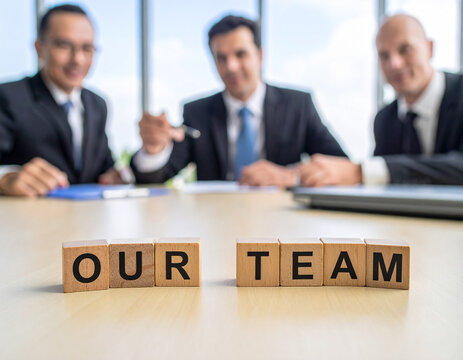 Our Team - Geschäftsmann zeigt auf den Text "Out Team"