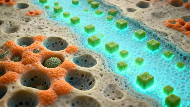  The bone remodeling process. On the bone surface, larger multinucleated osteoclasts are carving out pits, while smaller cubic osteoblasts are depositing new, glowing bone matrix.