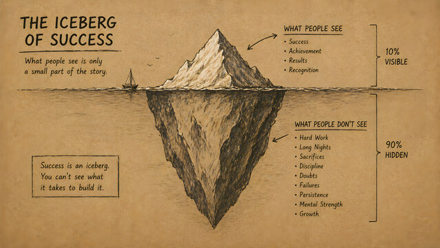 The iceberg of success infographic showing visible results versus hidden hard work and sacrifices on vintage paper background texture