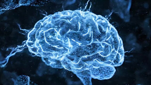 Glowing blue brain illustrations with lightning effects on dark background