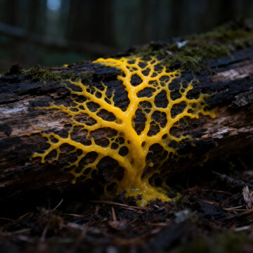 A bright yellow slime mold (Polystomium multiceps) in its protoplast stage spreads across a rotting, dark tree trunk on the forest floor, forming a complex and vein-like network.