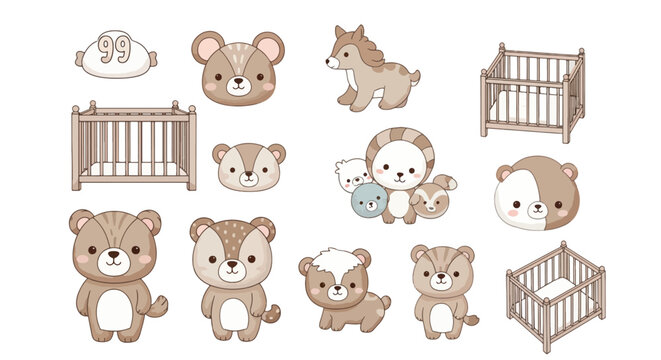 A flat lay of various cartoon bears and cribs in different poses and styles on a clean white background with a warm color palette.