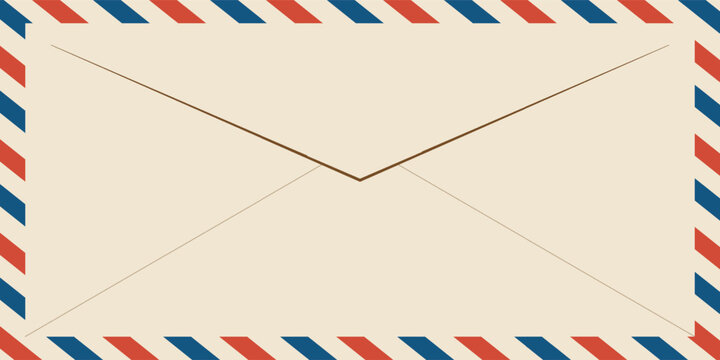 Airmail envelope frame with blue and red stripes on white background. International vintage letter border. Retro air mail postcard. Blank envelope. Vector illustration isolated on white background