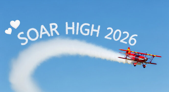 Red biplane performing aerobatics, trailing white smoke forming words "SOAR HIGH 2026" and two heart shapes, symbolizing aspiration and celebration for Valentine's Day.