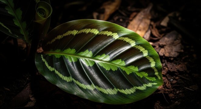 Intricate green patterns of a Calathea leaf showcasing natural beauty and detail up close