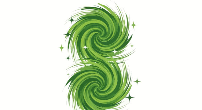 Symmetrical green swirl illustration on a plain white background featuring two spiraling vortex patterns with fine brush stroke textures and small decorative sparkles.