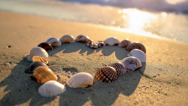 Heart shape made of seashells on a golden sand beach at sunset