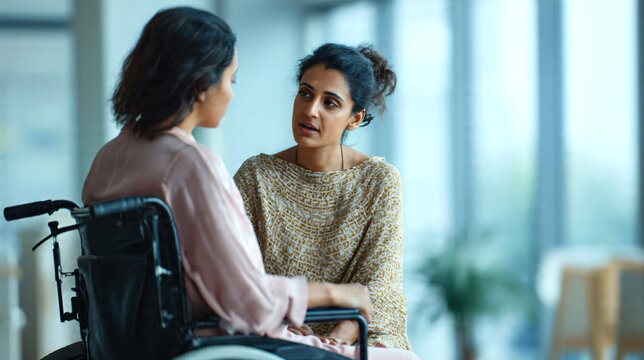 Young Indian female psychologist in her 30s providing emotional support during a medical consultation, speaking gently with a worried woman in a wheelchair. 