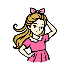 Logo de boutique de moda infantil. Dibujo sencillo con líneas de una niña con un vestido rosa con cuello blanco y un lazo en el pelo, con manos en cabeza y cintura  © teracreonte