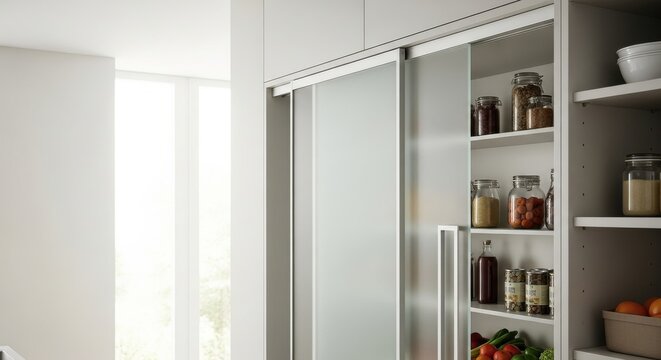 Modern kitchen pantry with sleek frosted sliding door and integrated handle showcasing organized storage