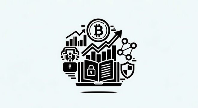 Vector graphic illustration of a bitcoin and security symbols on a laptop