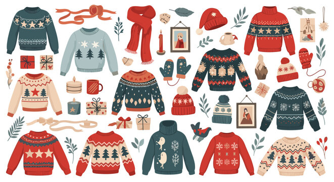 Extensive flat lay of festive winter apparel including patterned sweaters, hats, mittens, scarves, and various holiday home decorations and gifts.