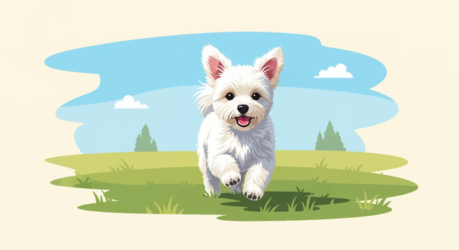 Vector illustration of a small white terrier puppy dog running forward through a green grassy meadow under a blue sky with clouds and trees in a flat graphic design style.