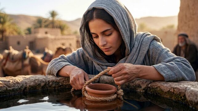 Rebekah Chosen as Isaac&rsquo;s Wife at the Well as She Draws Water for Abraham&rsquo;s Servant and Camels