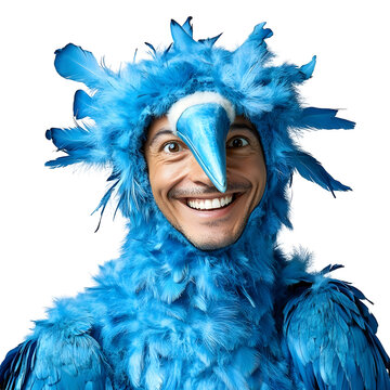Front view of a man in a blue-footed booby costume smiling studio shot isolated on a white transparent background