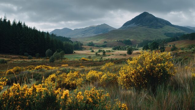 Misty Mountains and Golden Gorse in Scottish Highlands Landscape.