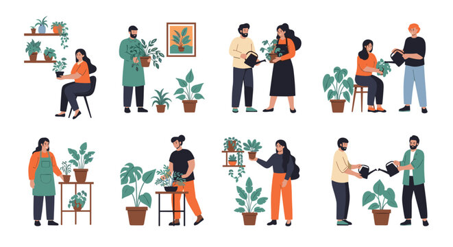 Large collection of diverse individuals engaged in various indoor gardening activities such as watering and potting several houseplants.